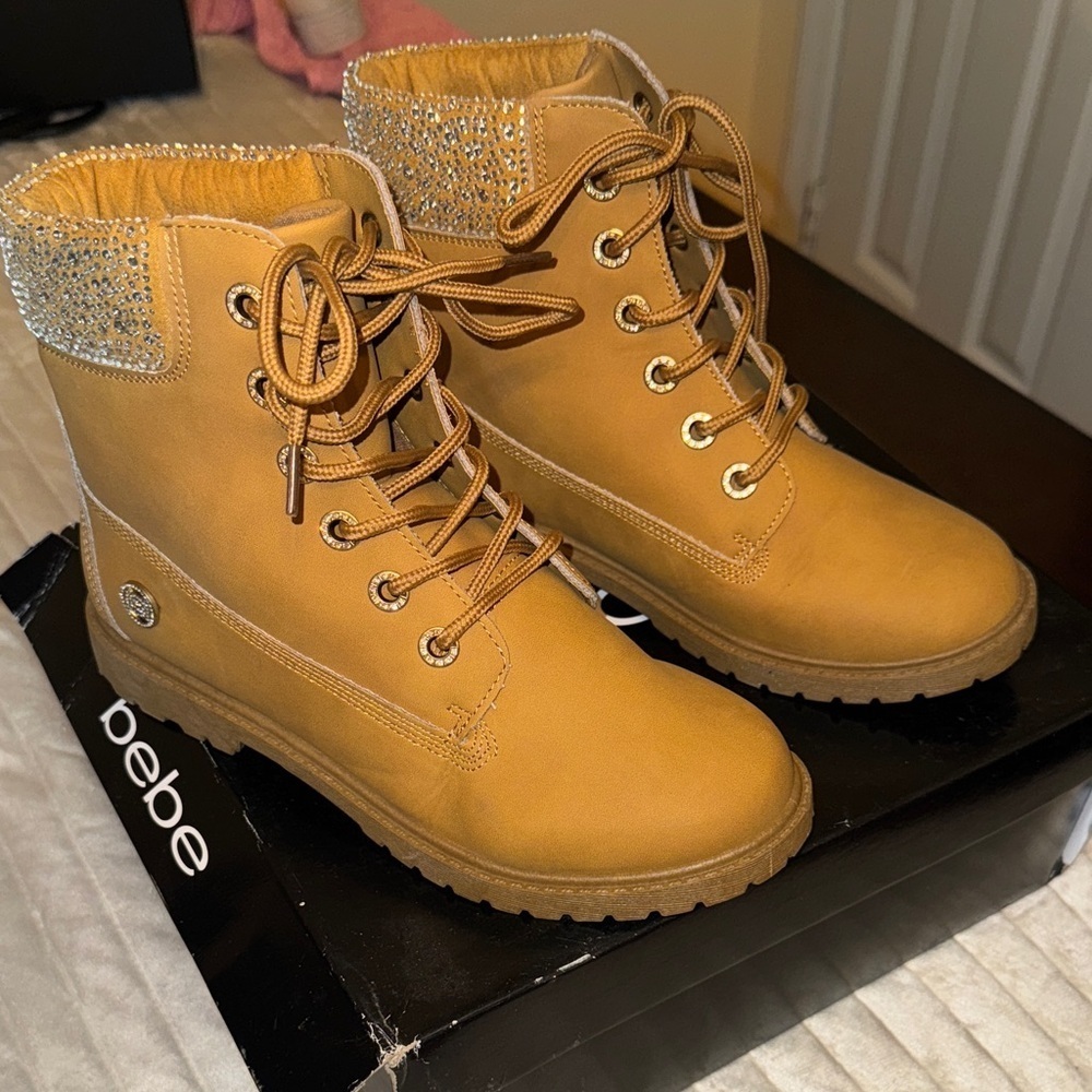 Bebe Mustard Lace-Up Boots with Glittering Cuff